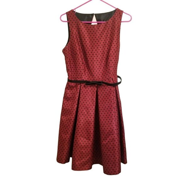 Danny And Nicole Dress Sz 8 Red With Black Polka Dots with black belt Pockets - Picture 1 of 12